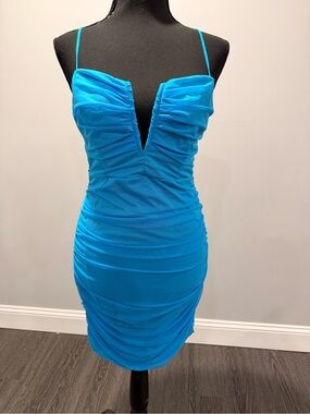 Fashion Nova Ruched Plunge Mini Dress in Bright Turquoise